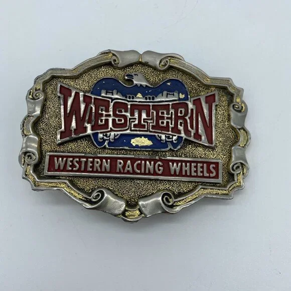 Western Racing Wheels Belt Buckle Vintage 1970's Brass 3.5x2.75 - Picture 3 of 8